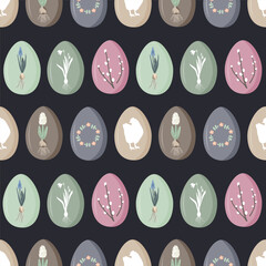Vintage Easter eggs with spring flowers and symbols on dark background. Spring rustic seamless pattern, doodle vector illustration.