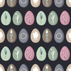 Vintage Easter eggs with spring flowers and symbols on dark background. Spring rustic seamless pattern, doodle vector illustration.
