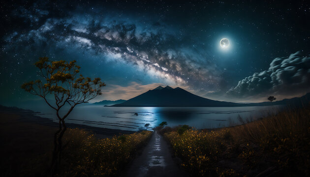 Monsoon Season at Bali Menjangan Island with milky way in starry night, generative ai