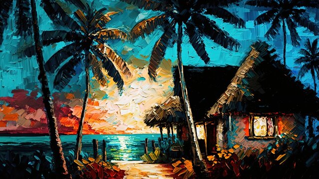 paint like illustration of bamboo hut Bungalow resort on tropical beach,  idea for home art wall decor, Generative Ai