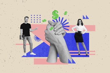 Creative collage artwork picture of two mini black white effect people point finger big arms handshake earn money profit - Powered by Adobe