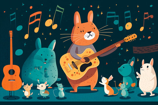 Cartoon image of cat playing guitar with other animals. Generative AI.