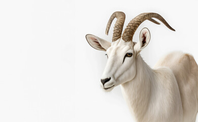 White goat with long horns on white background. Generative AI.