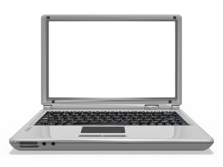 3d silberner  Laptop, Notebook mit Tastatur und leeren Bildschirm, freigestellt, transparenter Hintergrund