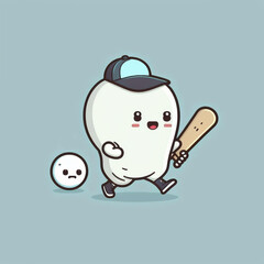 A cute white ghost carrying a stick to play hopscotch, premium vector art, illustration, flat cartoon design, Generative AI