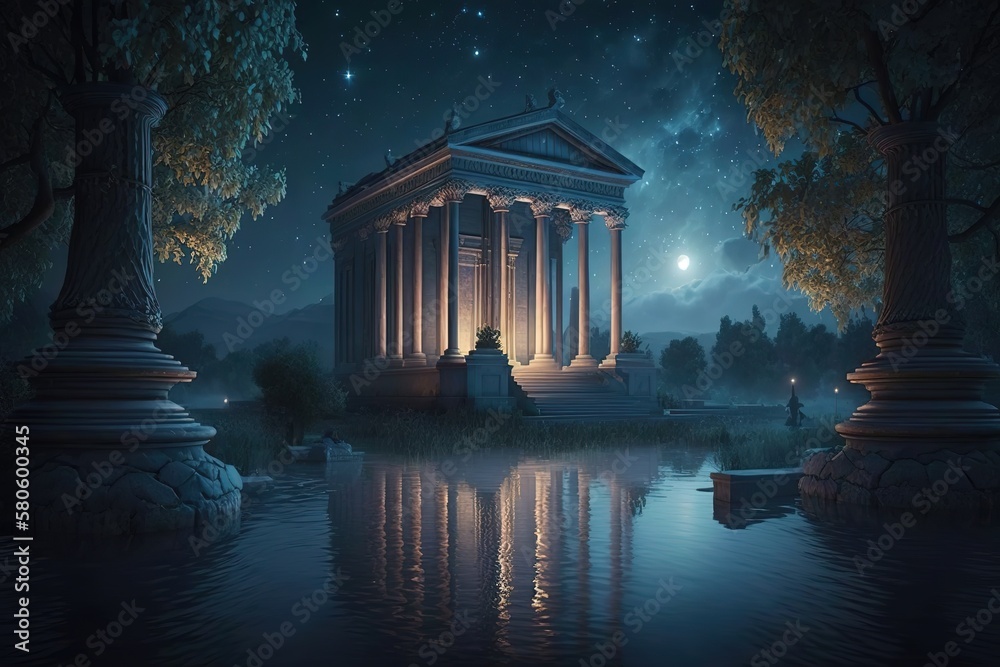 Poster Ancient architecture night landscape the building of an ancient temple with columns.Generative AI