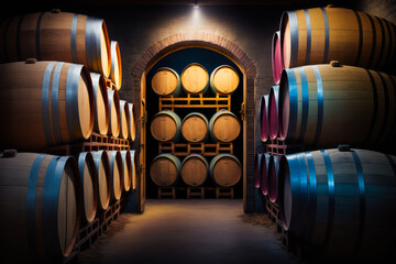 Barrels in wine cellar with light coming through the door. Generative AI.