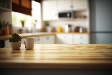 Naklejka na ściany i meble Two cups sit on wooden counter in front of kitchen. Generative AI.