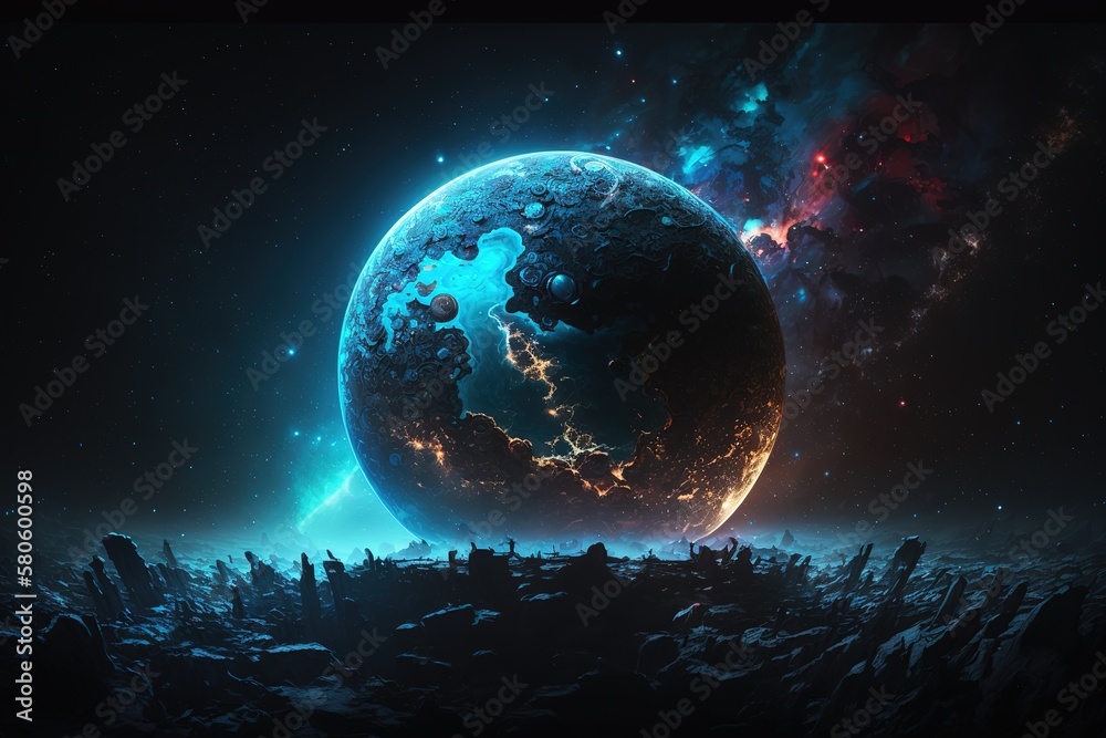 Poster A cosmic landscape, a view of the planets from a close distance, life on an unknown planet.Generative AI