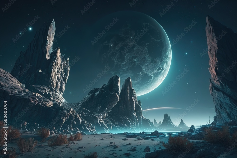 Poster a cosmic landscape, a view of the planets from a close distance, life on an unknown planet.generativ