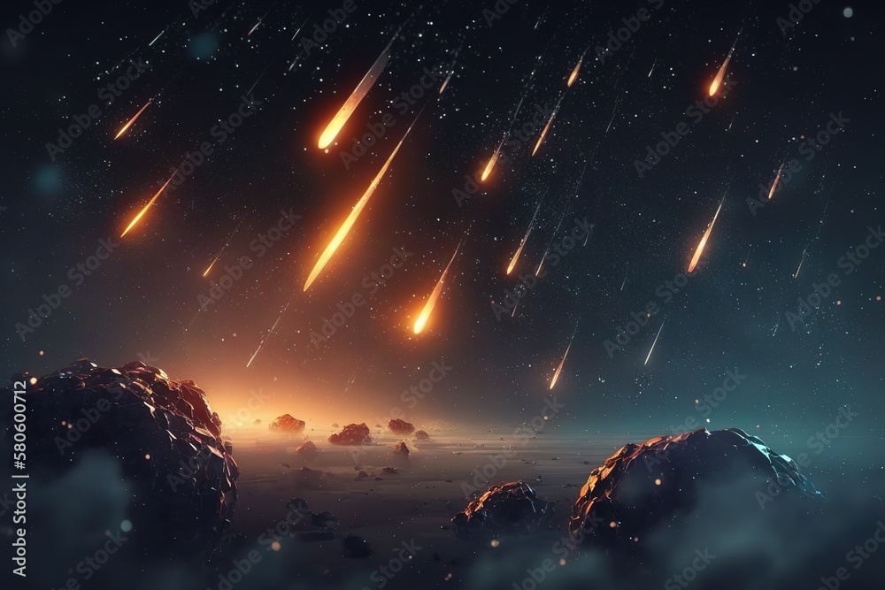 Poster a fantastic picture of a meteor shower, a fiery meteorite, a meteor at speed.generative ai