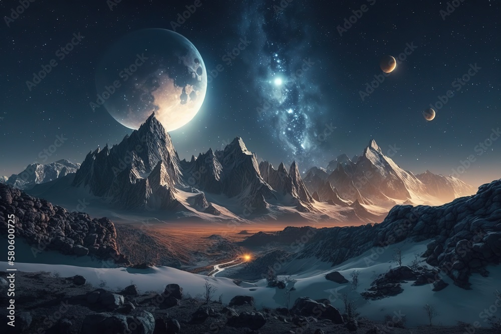 Poster a cosmic landscape, a view of the planets from a close distance, life on an unknown planet.generativ
