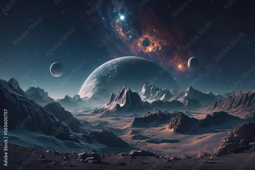 Aufkleber a cosmic landscape, a view of the planets from a close distance, life on an unknown planet.generativ