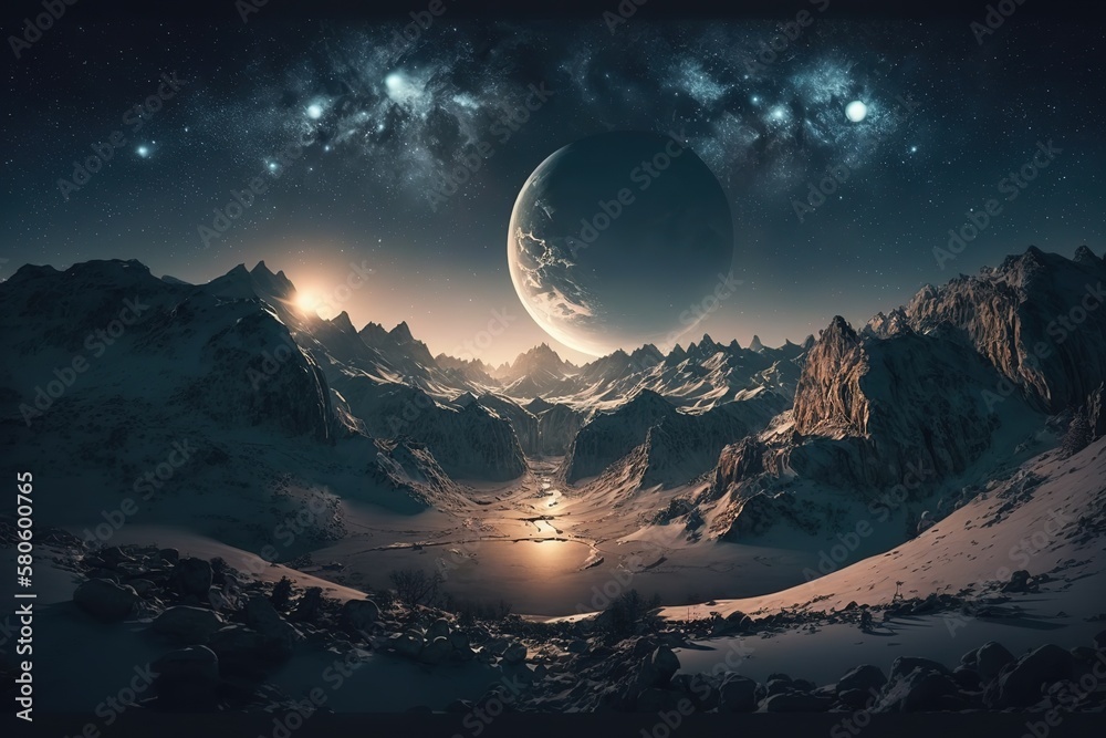 Poster a cosmic landscape, a view of the planets from a close distance, life on an unknown planet.generativ