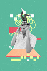 Vertical collage picture of black white gamma guy arms touch temple mini body upside down inside head isolated on drawing background
