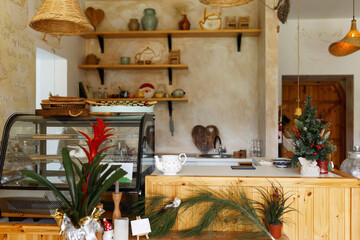 Scandinavian interior style,cozy cafe place, natural light from window.Zero waste home concept.Wooden furniture