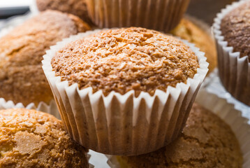 View of a group of freshly baked cupcakes with shallow depth of field.