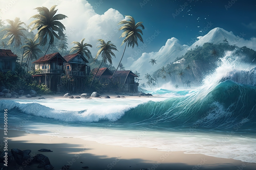 Poster a fantastic picture of a tsunami wave on a tropical beach with cottages and palm trees.generative ai
