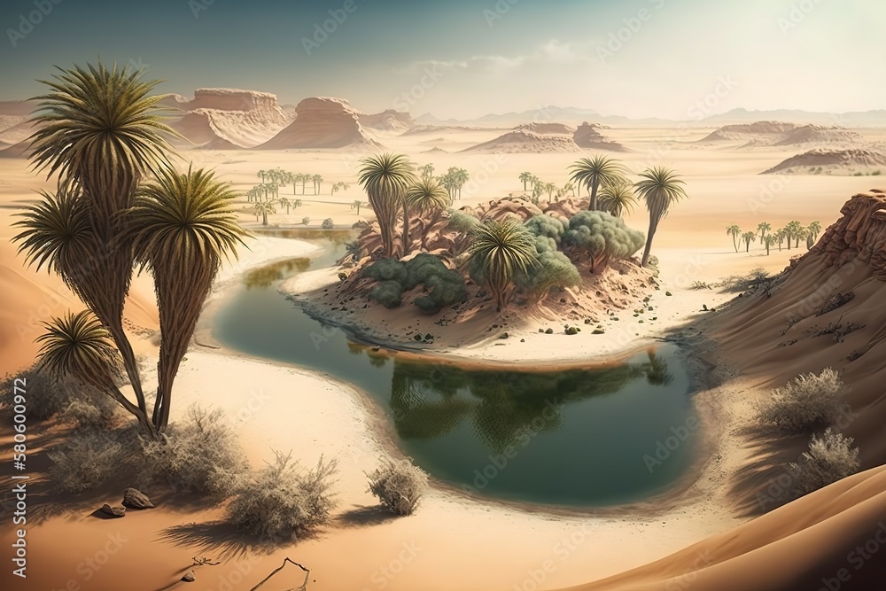 Poster a desert landscape with sand dunes and an oasis with a lake or pond and palm trees.generative ai