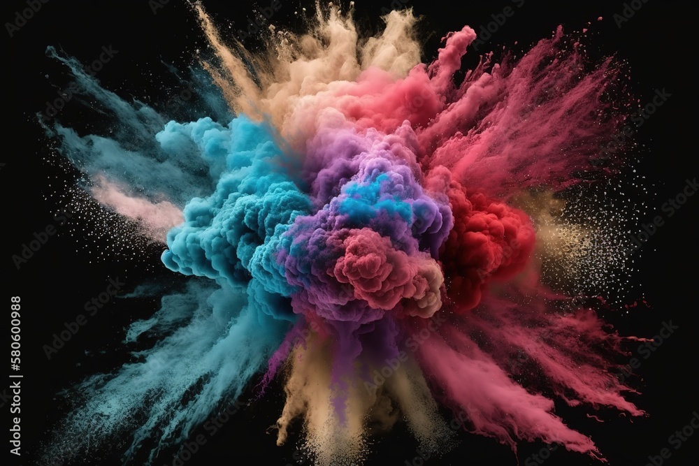 Poster realistic set of colorful spray, powder cloud explosion effect.generative ai