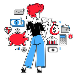 Woman financier working with finances online vector outline illustration, investment and tax and budget managing online on a web or mobile, funds administration.