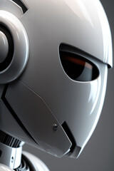 Portrait of a White Cyborg Face. Clean technological Close-up of a Cyborg Face. Artificial Intelligence. White Cyborg's Machine and Human Features. Generative AI
