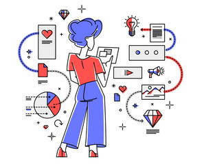 Woman intellectual worker making analysis of some data on pc or web, data systematization, collecting and analyzing information, vector outline illustration.