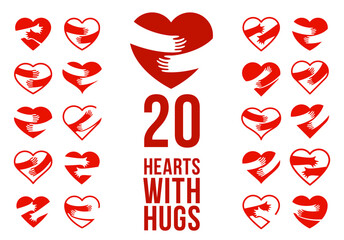 Hearts with hugs vector logos or icons set, hands holding heart care and relationship concept, support and protection theme, love yourself.