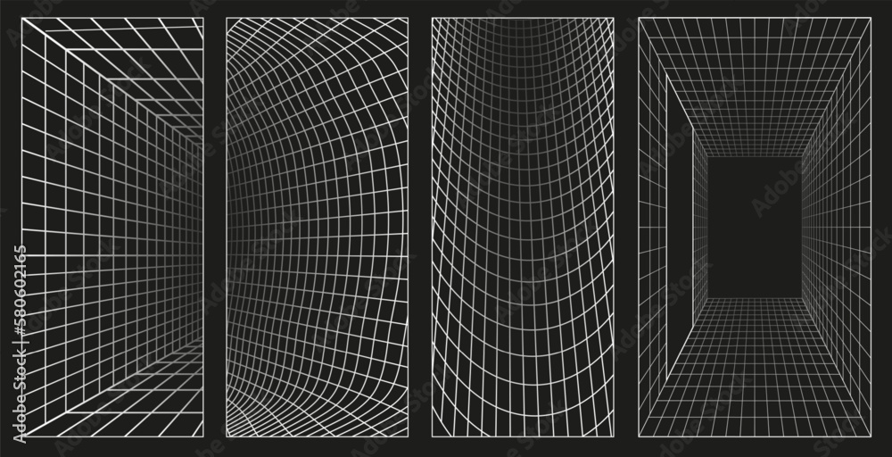Aufkleber Rave psychedelic retro futuristic set. 3D abstract posters, patterns, cyberpunk elements isolated on black background. Abstract net structure deformation, flowing surface. Vector illustration