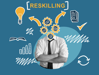 Collage of a man with gears instead of a head. Reskilling concept.