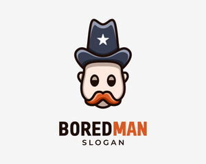 Cartoon Mascot Funny Old Man Mustache Guy Western Sheriff Texas Bored Tired Lazy Vector Logo Design