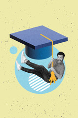 Vertical creative photo collage of cheerful carefree satisfied guy holding on academic cap at...