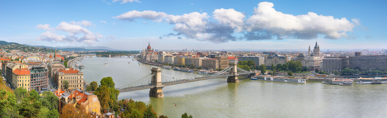 Astonishing cityscape of Budapest  with  Széchenyi Chain bridge over Danube river and Hungarian Parliament.