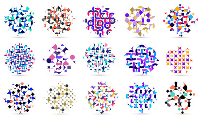 Abstract geometric designs big set vector pattern compositions, colorful 70s retro style templates art isolated over white, creative elegant backgrounds.