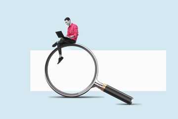 A man with a laptop is sitting on a big magnifying glass. Art collage. Searching for information on...