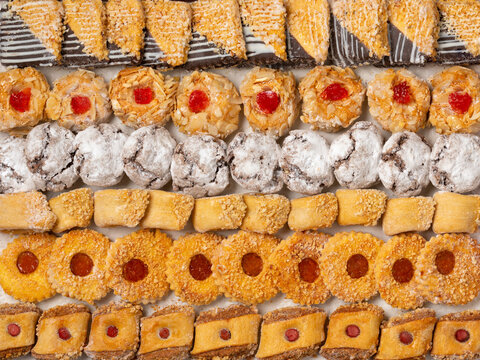  Variation of traditional Moroccan cookies full frame close up as background