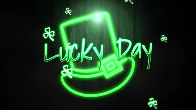 Luck Day with big neon green hat and fly small shamrocks on wood, motion holidays, Saint Patrick Day and Irish national style background