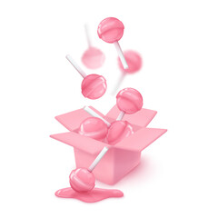 Realistic falling pink glossy candies on a stick, lollipop in the box. Look like 3d rendering. Vector illustration for card, party, design, flyer, poster, decor, banner, web, advertising.