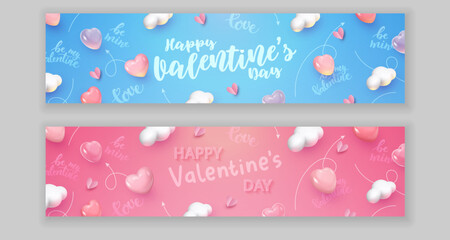Two, blue and pink banners of Happy Valentine's Day with 3d realistic hearts, white clouds, pink paper hearts, letterings. Vector illustration for card, party, design, flyer, poster, banner, web