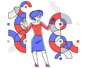 Creative worker woman doing some job and creating some system, inspired inventive designer or engineer composing abstract elements, vector outline illustration.