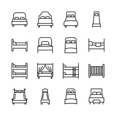 Bed flat line icons set. Different types of bed design and styles. Simple flat vector illustration for web site or mobile app.