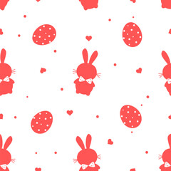 Seamless pattern with bunny rabbit cartoons and red hearts on white background vector.