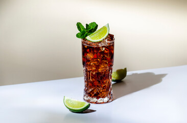 Rum cola cocktail with strong alcohol and ice, garnished with mint and lime in highball glass. Beige background, hard light