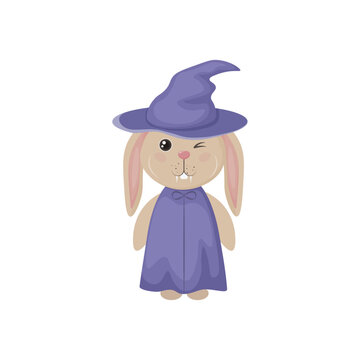 A rabbit in a witch s hat. Cute rabbit in a witch hat and cloak. A hare in a Halloween costume and with fangs. Vector illustration isolated on a white background