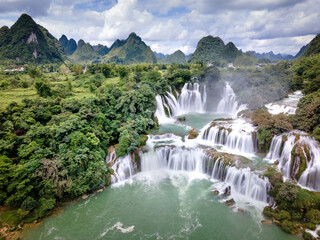 Ban Gioc Waterfall, Cao Bang Province, Vietnam - View panorama of Ban Gioc Waterfall on a sunny...
