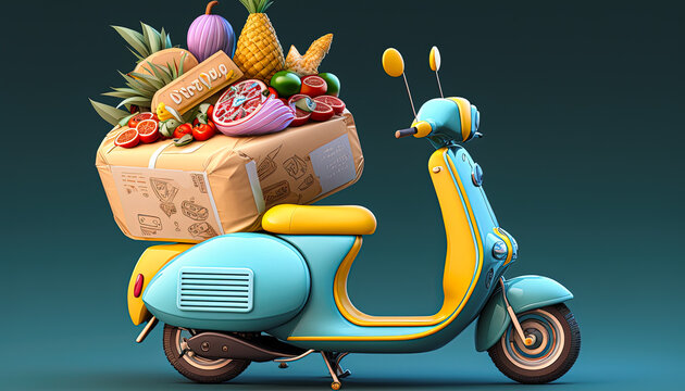 AI Generative Illustration of a Creative Photo of 3D render depicts a cartoon scooter carrying a package in the back for online shopping and delivery services