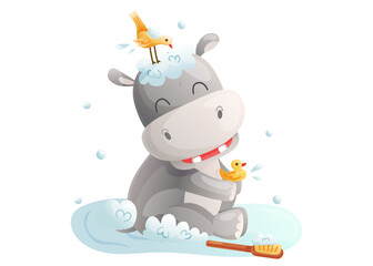 cute hippo in the bathroom taking shower, vector illustration, children's clipart with cartoon character good for card