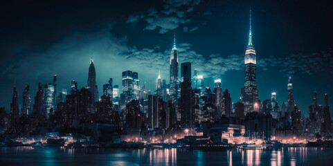 Night skyline of Manhattan, New York City. Generative AI