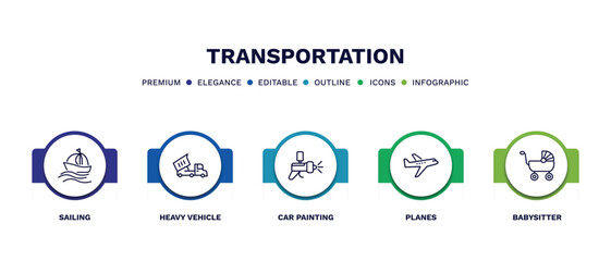 set of transportation thin line icons. transportation outline icons with infographic template. linear icons such as sailing, heavy vehicle, car painting, planes, babysitter vector.