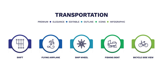 set of transportation thin line icons. transportation outline icons with infographic template. linear icons such as shift, flying airplane, ship wheel, fishing boat, bicycle side view vector.